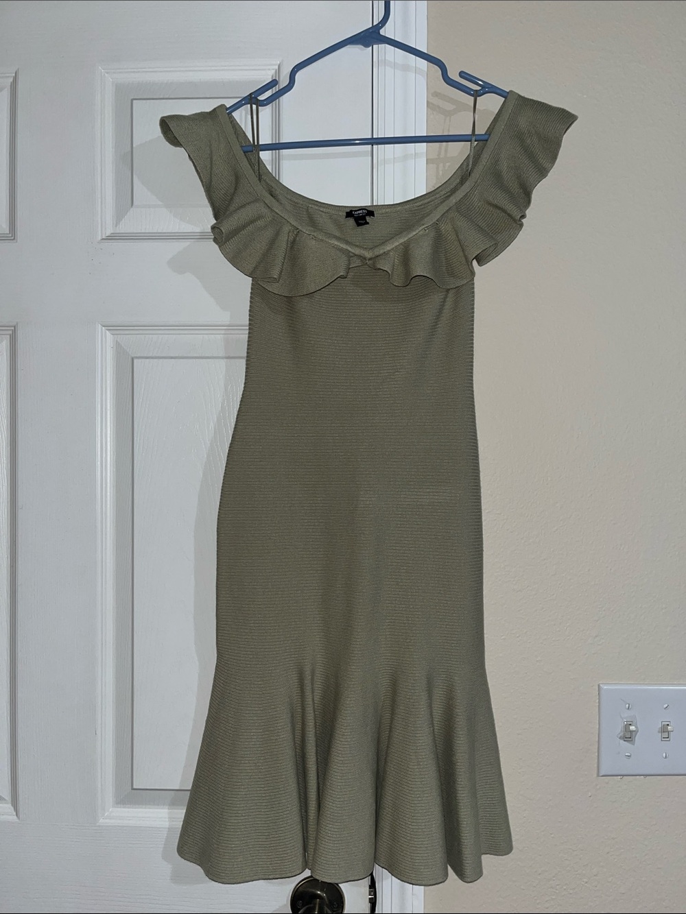 Express Sage Green One-Shoulder Ruffle Knit Dress